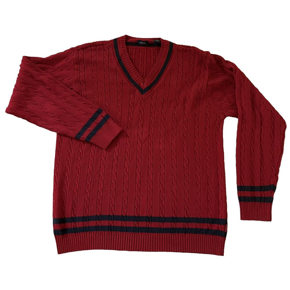 IZOD Red Cotton Cable Knit Mens XL Pullover Sweater Preppie Ivy League Y2K